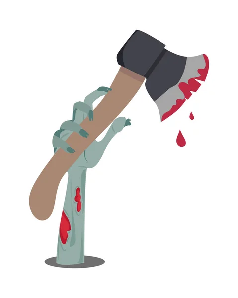 Zombie mano aparece con hacha en sangre aislada — Vector de stock
