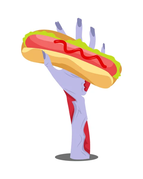 Появляется рука зомби с хот-догом, изолированным на белом — стоковый вектор