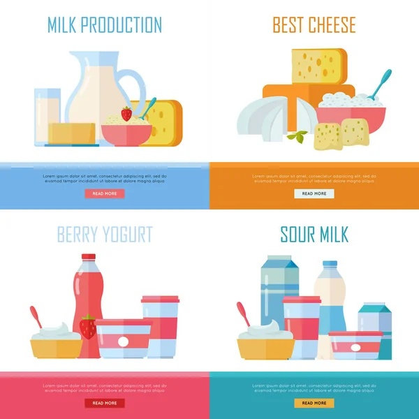 Melk productie, kaas, Berry yoghurt, zure room — Stockvector