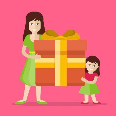 Anne ve kızı ile hediye düz tasarlamak vektör