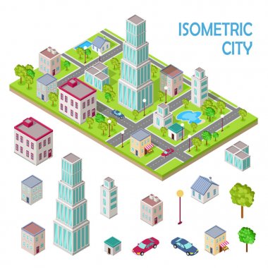 Şehir binaları izometrik projeksiyon kümesi