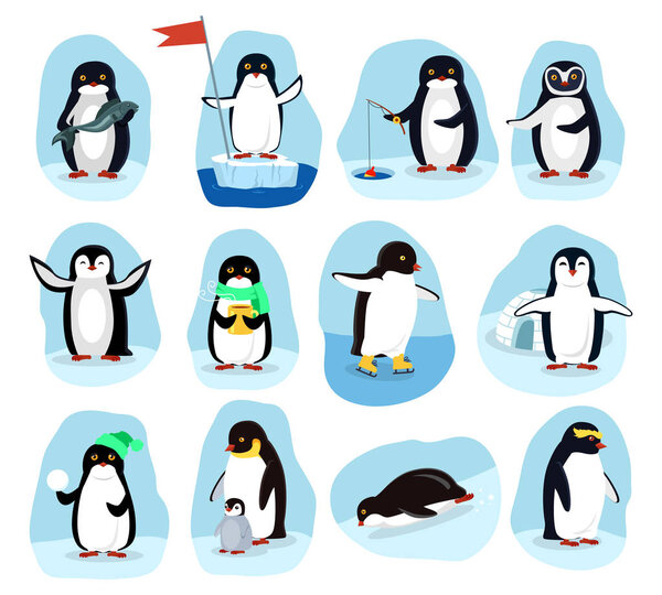 Penguins Daily Activities Posters Cartoon Set