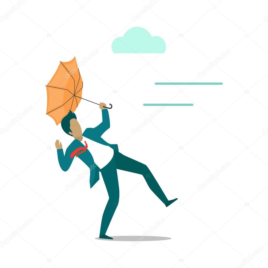 Strong wind Blowing on Man with Umbrella. Vector