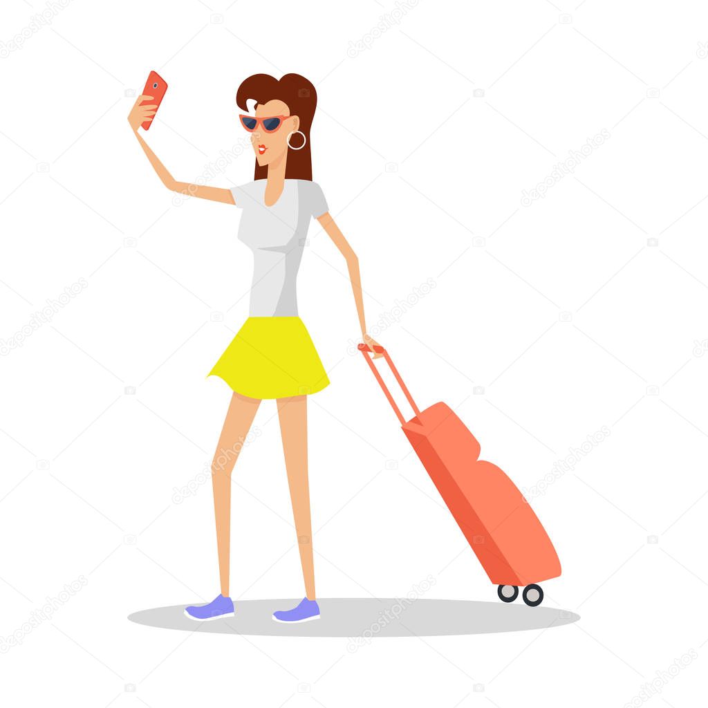 Summer Vacation Red Head Girl Travels with Luggage