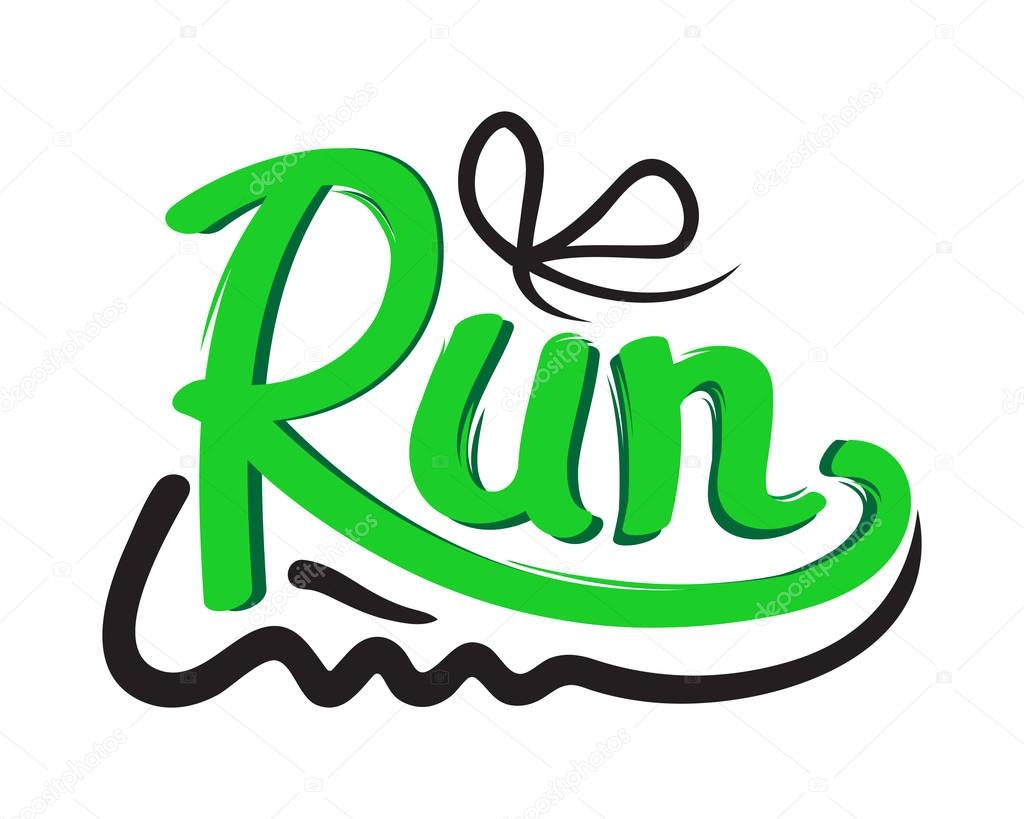 Running green shoe trainers symbol on white background. Running is useful for your health, keeps fit. Vector illustration logotype provokes to move rapidly on feet. Logo in flat style design