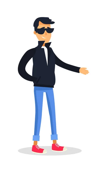 Uomo cartone animato in giacca nera e occhiali su bianco — Vettoriale Stock