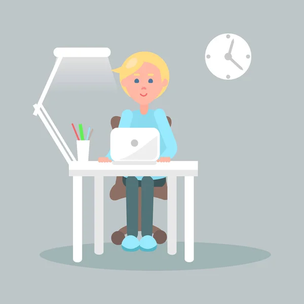 Personagem Senta-se à Mesa com Ilustração de Laptop — Vetor de Stock