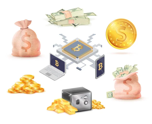 Набор зеленых денег, золотые, онлайн наличными, банковские сотовые — стоковый вектор