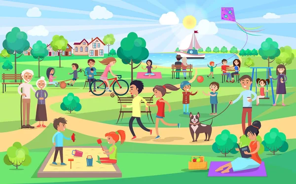 Güzel gün her yaştan insan ile büyük yeşil Park