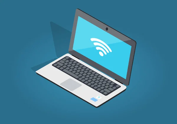 Opengeklapte Laptop Wi-fi verbinding plat en schaduw thema — Stockvector