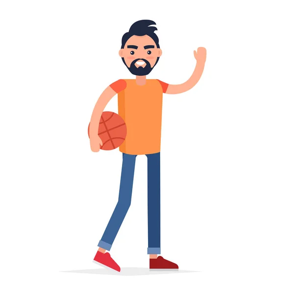 Homme souriant avec Basketball Dites bonjour Design plat — Image vectorielle