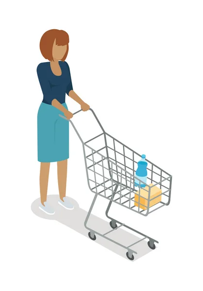 Mulher com cesto Comprando produtos diários Vector —  Vetores de Stock