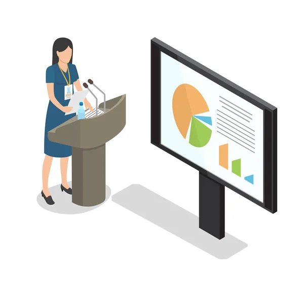 Report Businesswoman at Podium with Diagrams Flat — Stock Vector