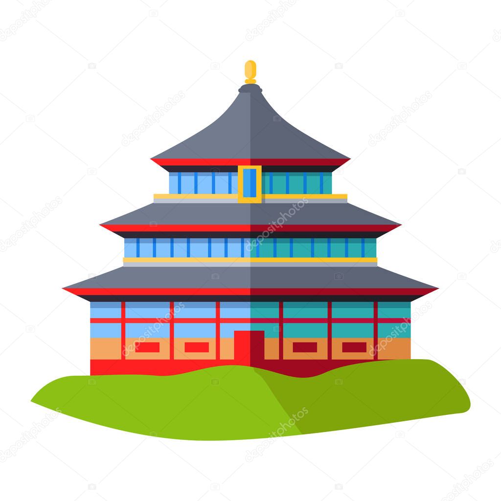 Oriental Building Isolated on Green Grass on White