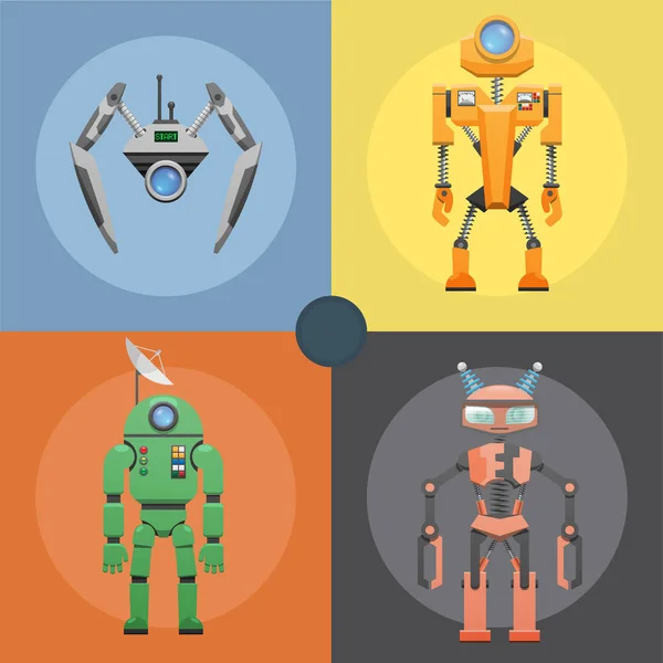 Conjunto de robots metálicos o droides en cuatro iconos — Archivo Imágenes Vectoriales