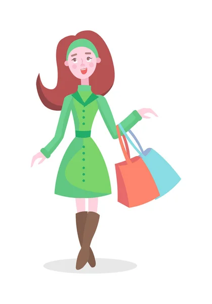 Mulher alegre Compras Flat Cartoon Vector Ícone — Vetor de Stock