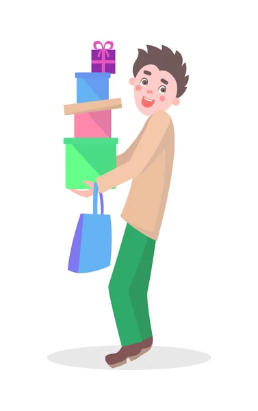 Homme avec cadeaux Boîtes Dessin animé plat vectoriel Icône — Image vectorielle
