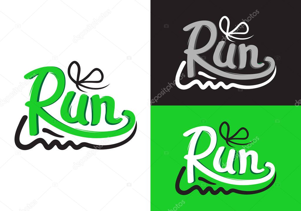 Running shoe symbols on different backgrounds. Logotype with motto credo for fitness center. Fitness keeps fit, sport lifestyle is for everybody. Vector illustration logo means moving rapidly on feet.