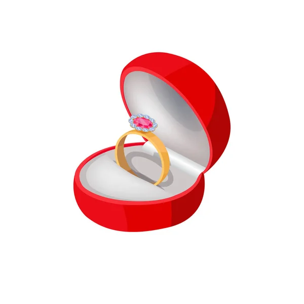 Zásnubní prsten v červeném rámečku s drahými kameny — Stockový vektor