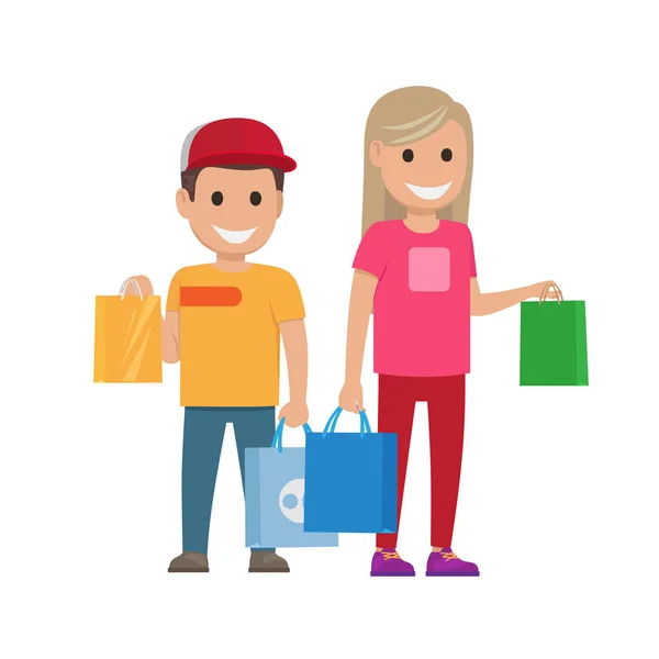 Menina e menino com sacos ilustração. Conjunto de compras —  Vetores de Stock