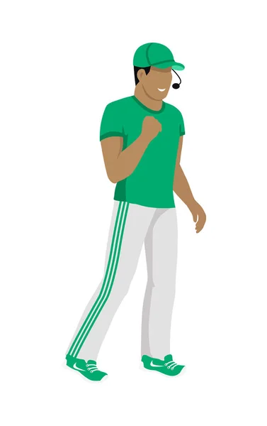 Icono de dibujos animados de árbitro en uniforme verde y blanco — Vector de stock