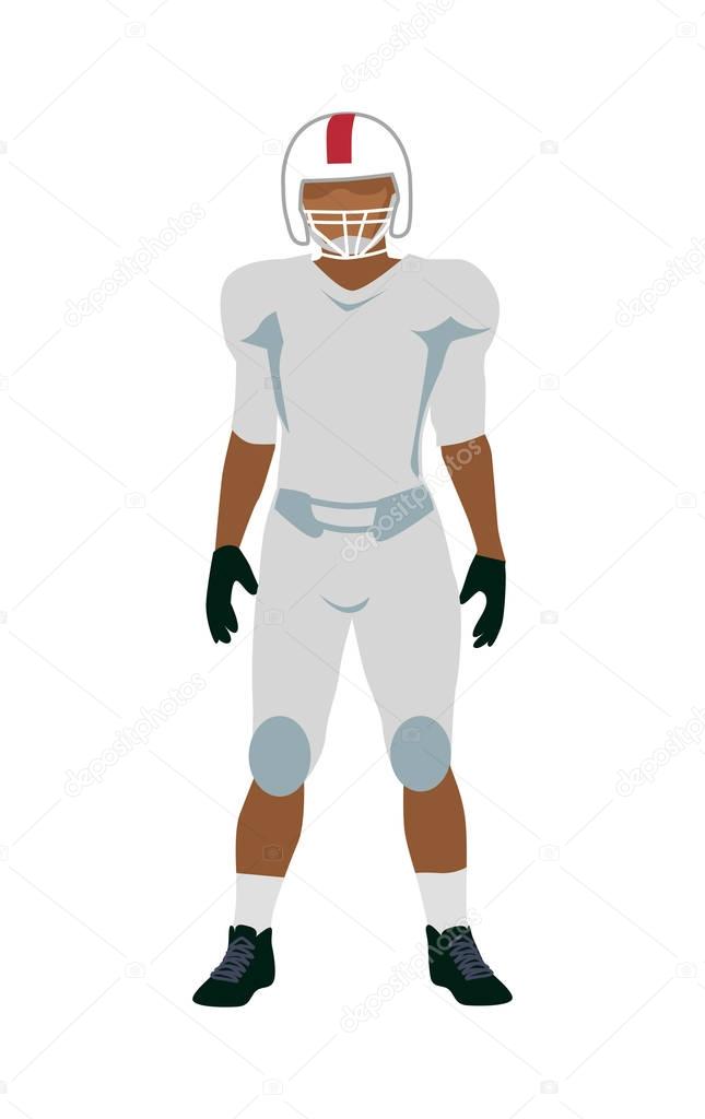 American football player in white and black uniform and helmet. White football equipment. Sport team game. Sportsman logo. Vector