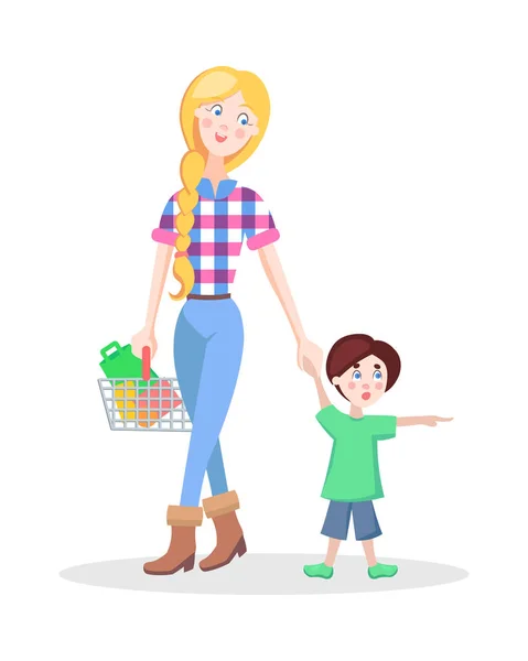 Família Compras Cartoon Plano Vetor Conceito —  Vetores de Stock