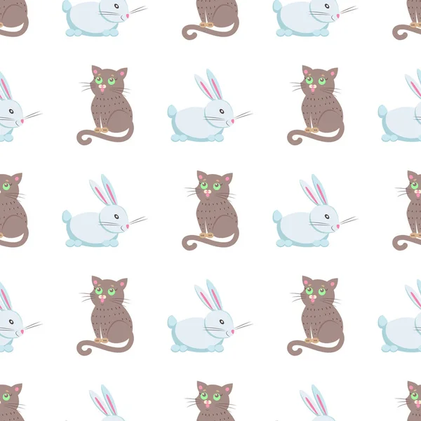 Roztomilé králíci a kočka ploché vzor bezešvé vektor — Stockový vektor