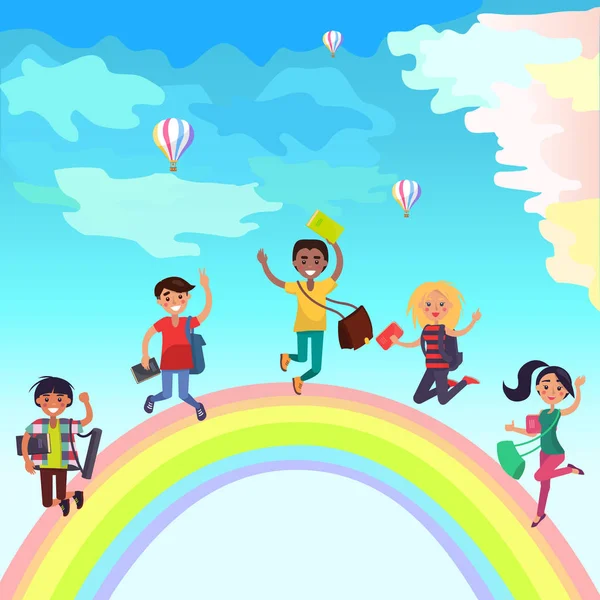 Feliz salto estudiantes en arco iris ilustración — Vector de stock