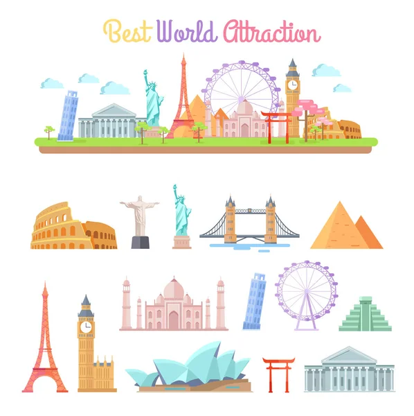 Best World Attractions Cartoon Illustrations Set — Stock Vector