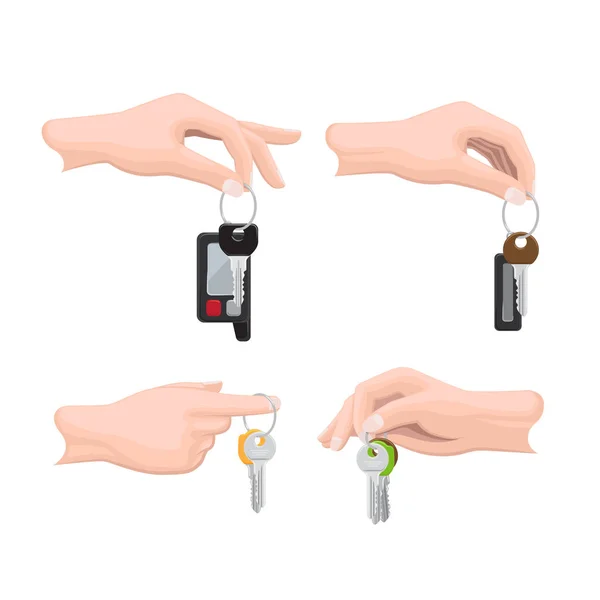 Ensemble de clés sur porte-clés dans les vecteurs plats à main humaine — Image vectorielle