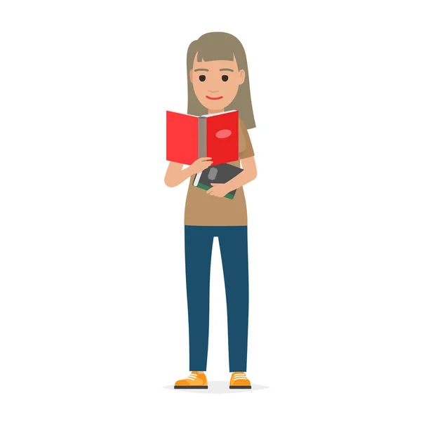 Student Standing and Reading Textbook Flat Vector