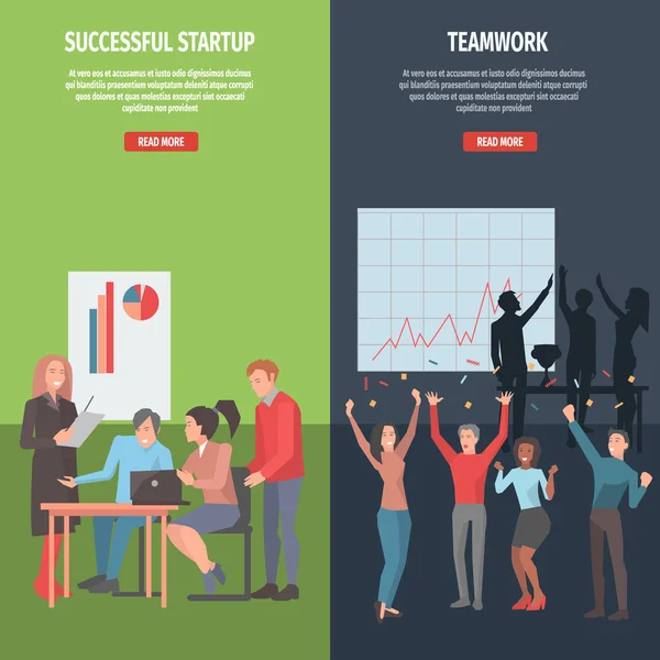 Teamwork en succesvolle opstartpagina informatie — Stockvector