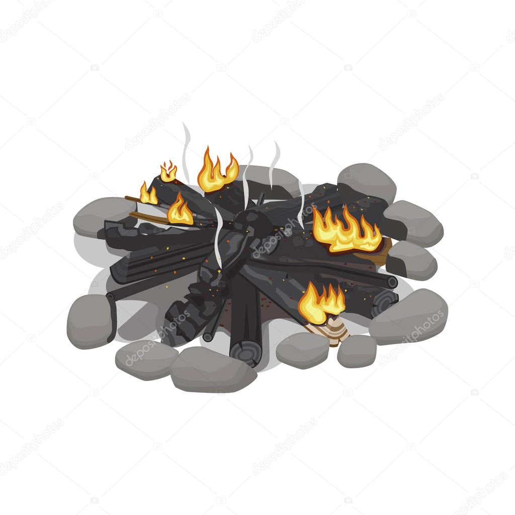 Dark Burnt Firewood with Weak Flame on White.