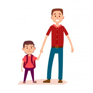 Küçük öğrenciler elini tutarak baba gülümseyerek