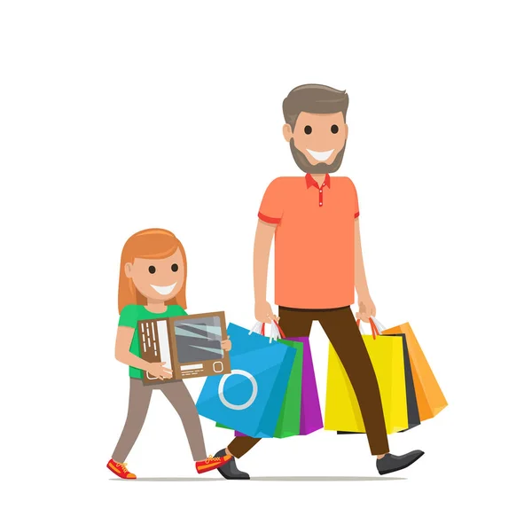 Padre e hija van de compras. Compras familiares — Vector de stock