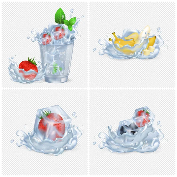 Fruits congelés et eau Splash illustrations Set — Image vectorielle