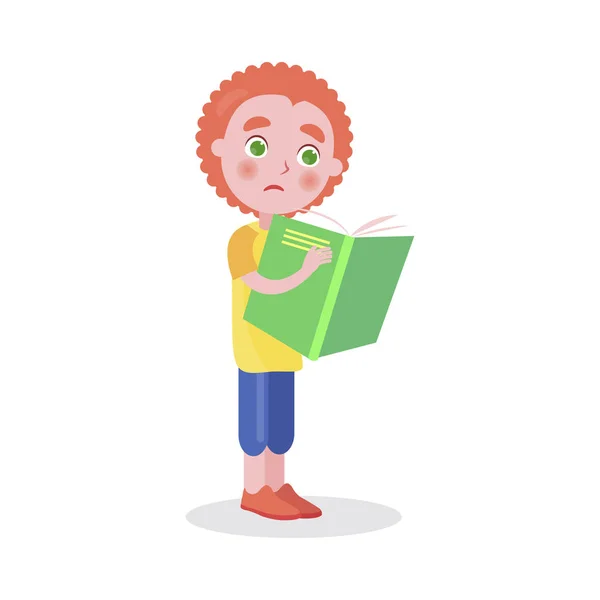 Redhead Boy Stands and Reads Book Vector Isolated — Stock Vector