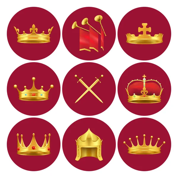 Reyes medievales atributos en círculos escarlata conjunto — Archivo Imágenes Vectoriales