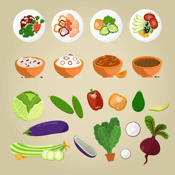 Вегетарианские блюда и блюда из овощей концепции — стоковый вектор