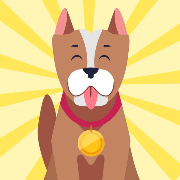 Happy Dog with Medal Cartoon Flat Vector — Stock Vector