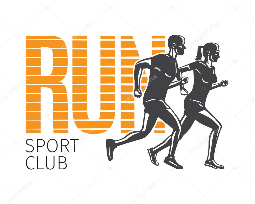 Run sport club logo template. Vector illustration of running man and woman editable elements logotypes in cartoon style flat design. Sportsmen healthy lifestyle. Place your sportclub company name.
