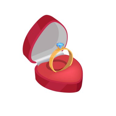 Kırmızı bir kutu içinde mavi elmas altın nişan yüzüğü