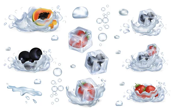 Frysta bär och frukter i vatten stänk Set — Stock vektor