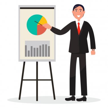 Siyah elbiseli gülümseyen adam grafik Poster üzerinde gösterir