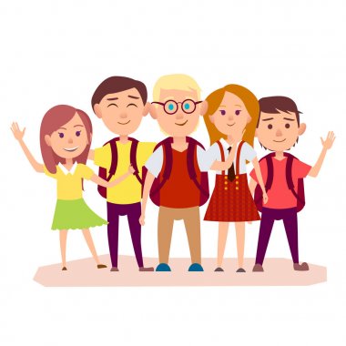 Sırt çantaları ve üç kız ile üç bilirler