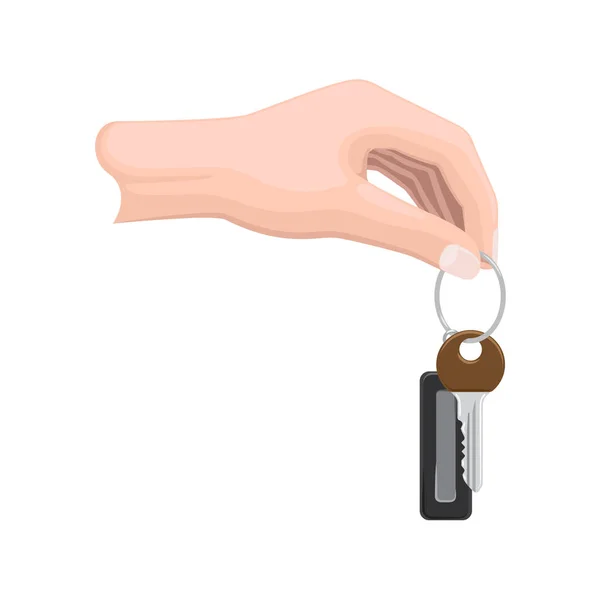 Schlüssel am Schlüsselanhänger in der menschlichen Hand flacher Vektor — Stockvektor
