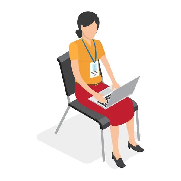 女性与徽章坐和笔记本电脑上工作 — 图库矢量图片