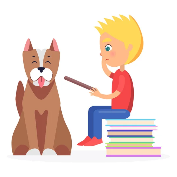 Menino loiro sentado no alto da literatura com animal de estimação — Vetor de Stock