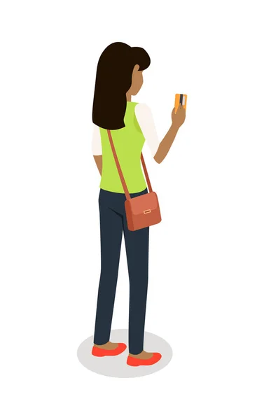 Mujer con tarjeta de crédito Ícono vectorial isométrico — Vector de stock